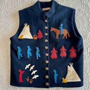 Double D Ranch Wear Blue Wool appliqued Vest, no size tag, assume XS